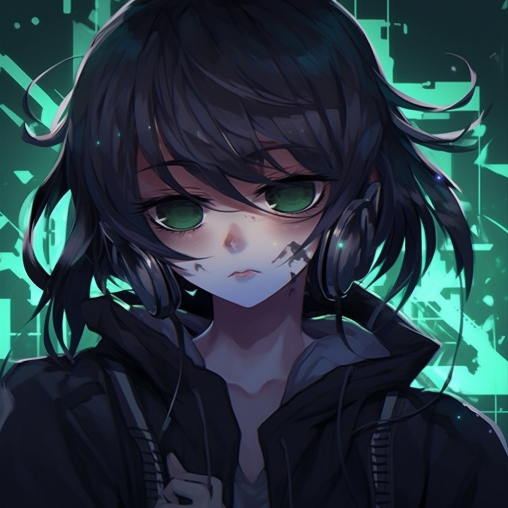 An emo anime character standing alone in a dark, foreboding forest, with visible melancholy. dark themed emo anime pfp