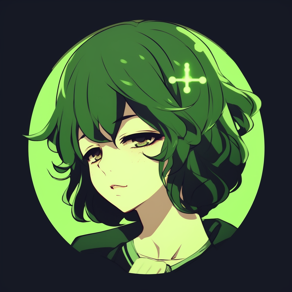 Anime profile in aesthetic green hues, with simple yet sharp linework. green anime pfp aesthetic icons