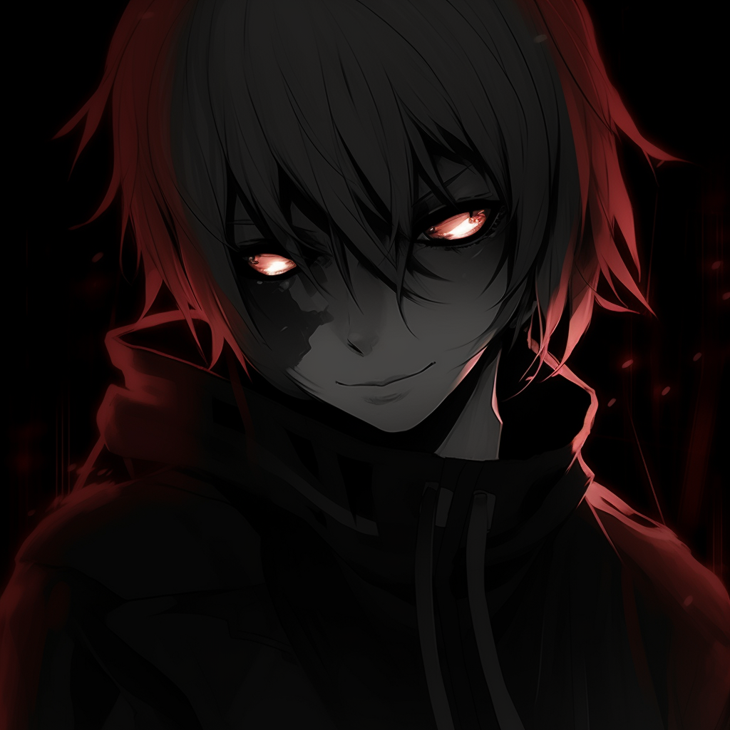 Dramatic black and red anime profile, combination of soft and sharp lines to signify transition. aesthetic black pfp anime pfp for discord.
