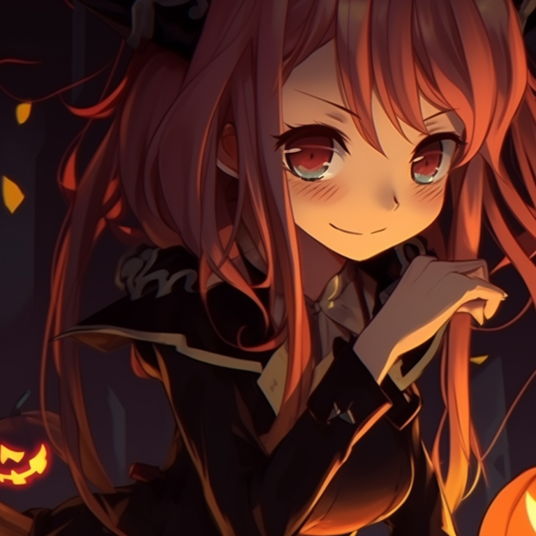 Two characters with Halloween props, intricate details and autumn colours, standing in a spooky room. jjk matching pfp halloween theme inspiration pfp for discord.