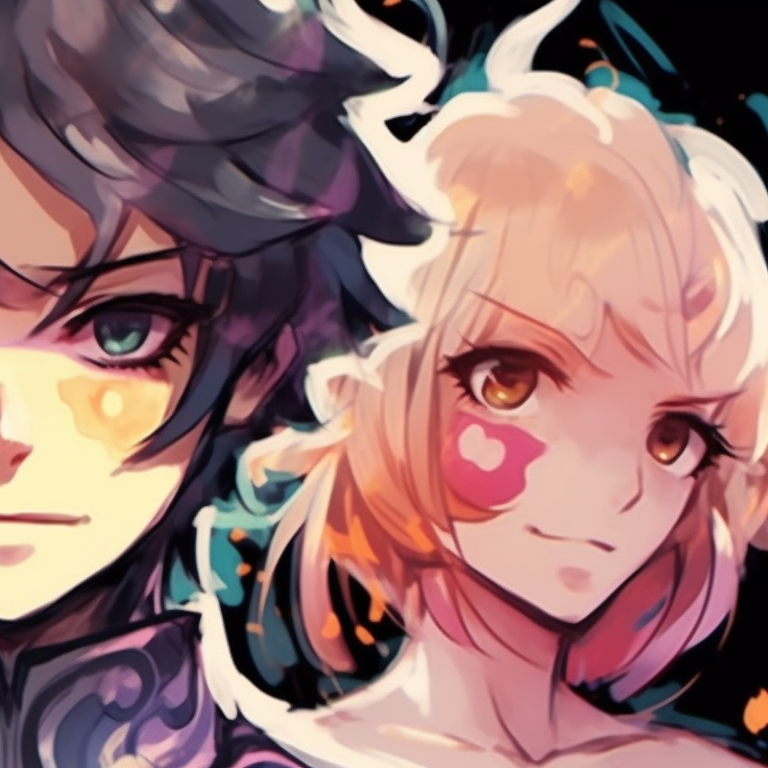 Three characters, energetic poses, neon colors and detailed surroundings. vibrant matching trio pfp artwork pfp for discord.