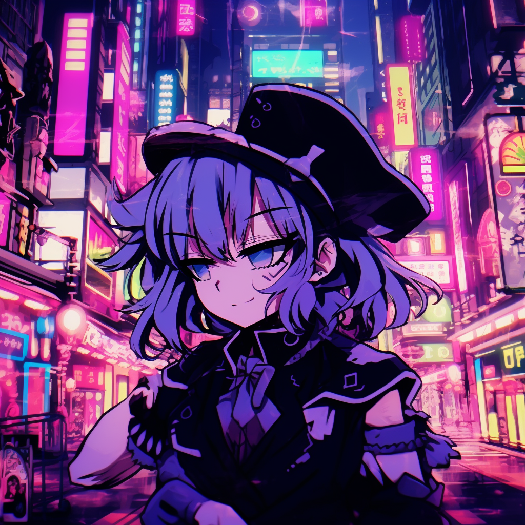 Cityscape during neon-lit night, detailed architecture with bright colors. unique anime aesthetic pfp selections