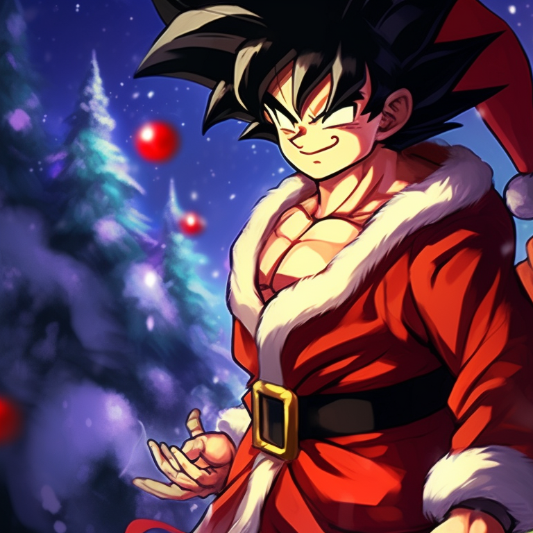 Two characters in Christmas outfits, sharp lines and warm colors, standing side by side. best christmas dragon ball pfp for match pfp for discord.