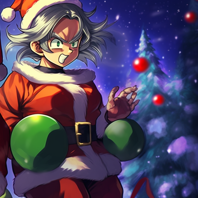 Two characters in Christmas outfits, sharp lines and warm colors, standing side by side. best christmas dragon ball pfp for match pfp for discord.