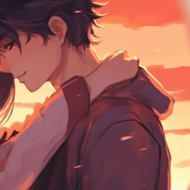 Silhouettes of two characters, bold outlines and contrasting hues. inspiring matching pfp for dedicated couples pfp for discord.