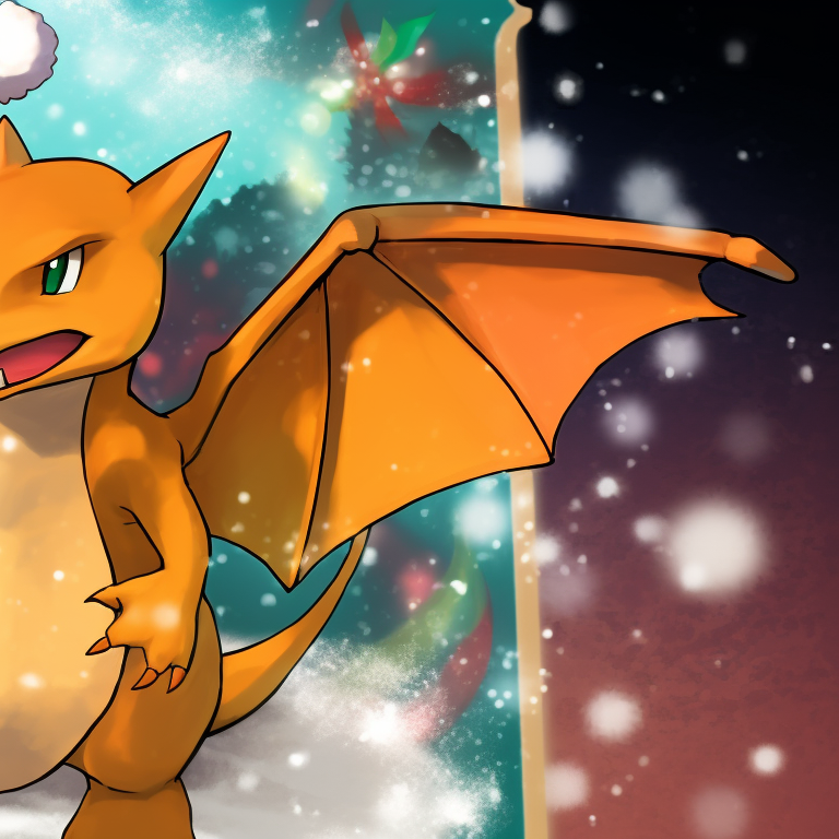 Charizard characters under a Christmas tree, soft colors and twinkling lights. charizard christmas special pfp pfp for discord.
