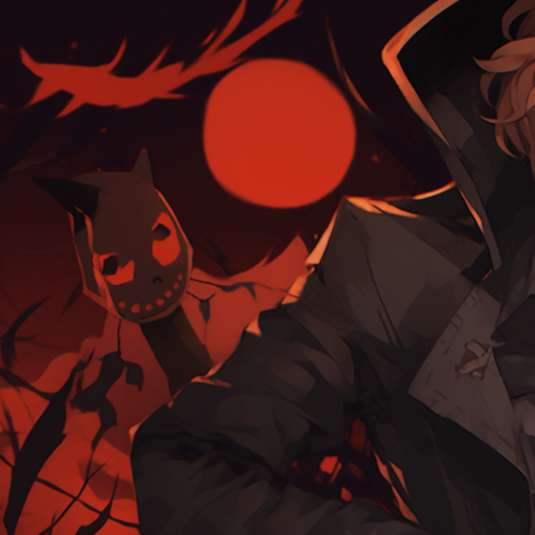 Two characters, Dazai and Chuuya, gazing at each other, an uncanny aura and stark lighting. matching pfp dazai chuuya halloween theme pfp for discord.