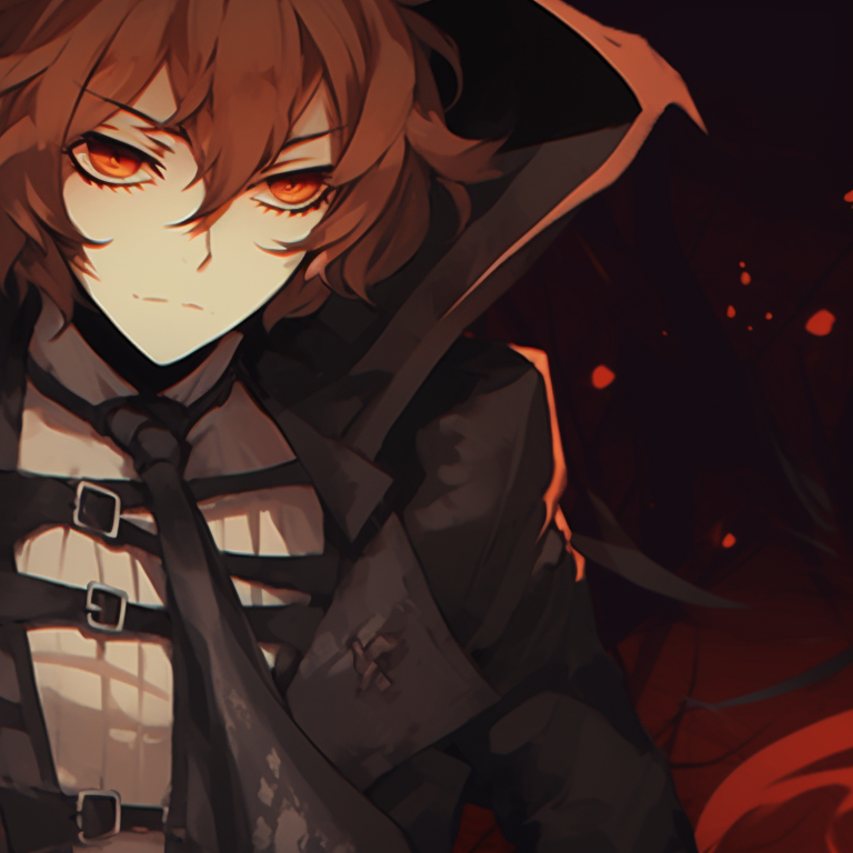 Two characters, Dazai and Chuuya, gazing at each other, an uncanny aura and stark lighting. matching pfp dazai chuuya halloween theme pfp for discord.