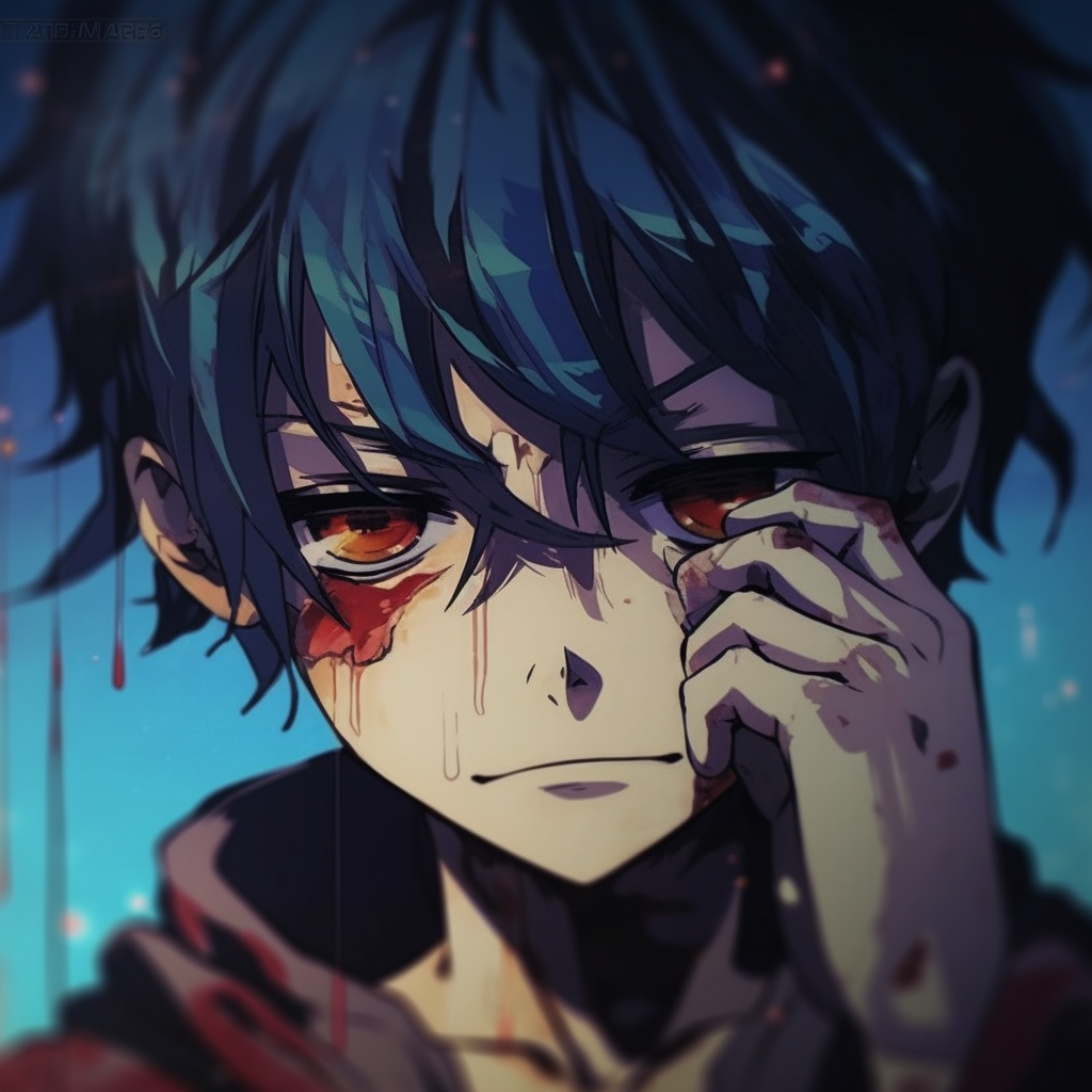 An anime boy in steeped in despair, brought to life with richly shaded colors and careful linework. anime pfp with tears pfp for discord.
