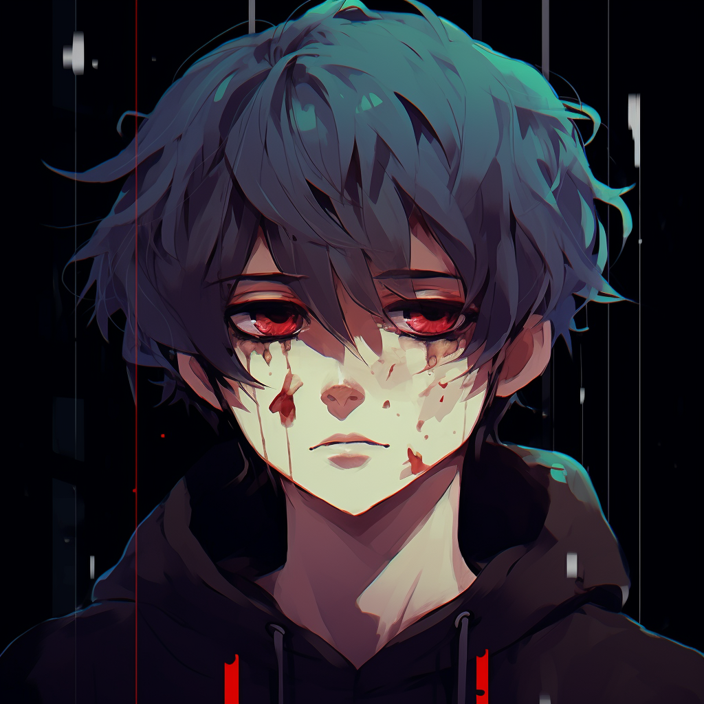 Sad anime boy shrouded in shadows, dark hues and nuanced expressions. sad pfp anime boy characters
