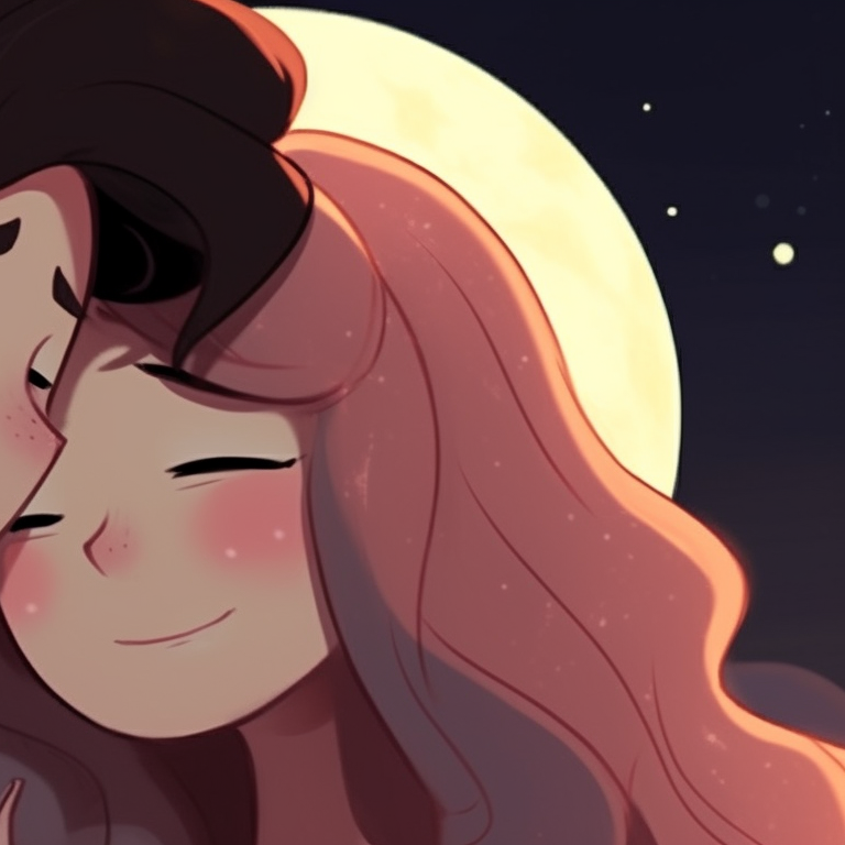 Two characters, bathed in golden light, heads touching and eyes closed. stunning matching pfp for couples cartoon pfp for discord.