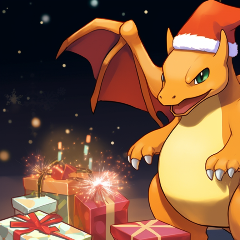 Two Charizard characters under a starlit winter night, twinkling stars and moon glow. charizard christmas special pfp pfp for discord.