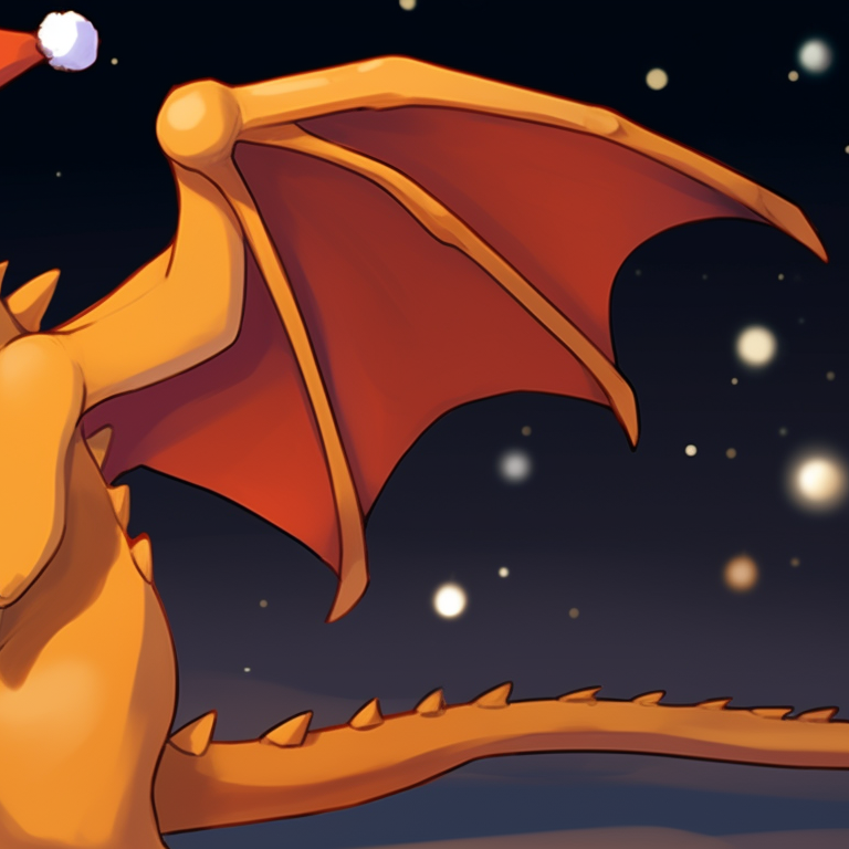 Two Charizard characters under a starlit winter night, twinkling stars and moon glow. charizard christmas special pfp pfp for discord.