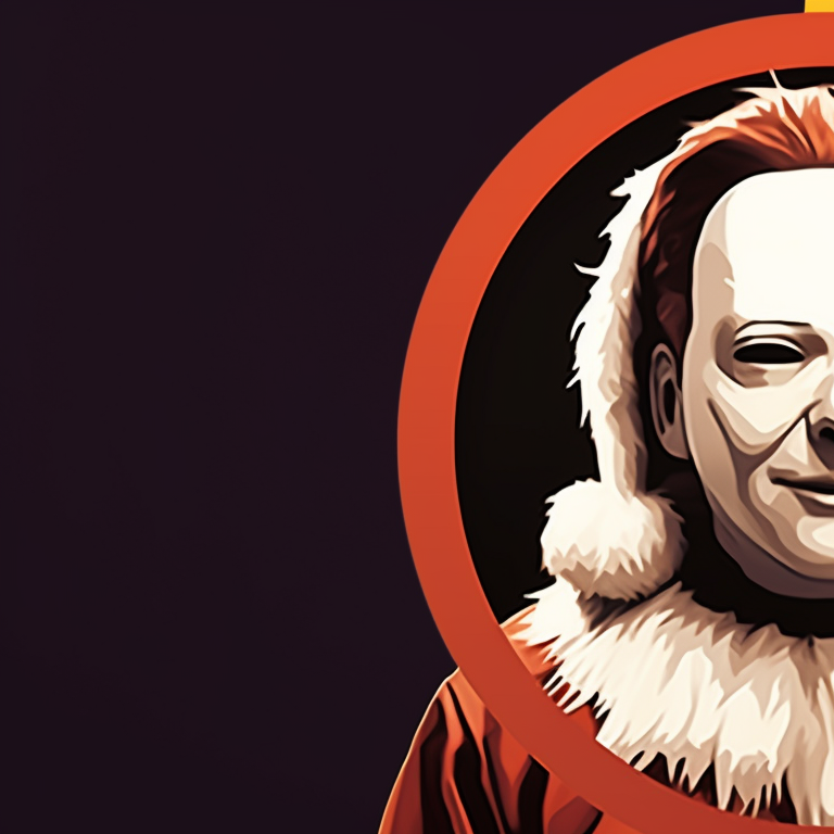 Portraits of Michael Myers, one dressed as Santa Claus and the other holding a blood-red bauble, blending holiday cheer with an eerie sense of foreboding. christmas themed michael myers pfp pfp for discord.