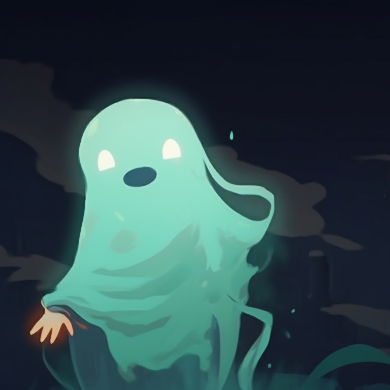 Two ghost characters, interlocking gazes through their ethereal forms, dark setting. history of ghost pfp for halloween pfp for discord.