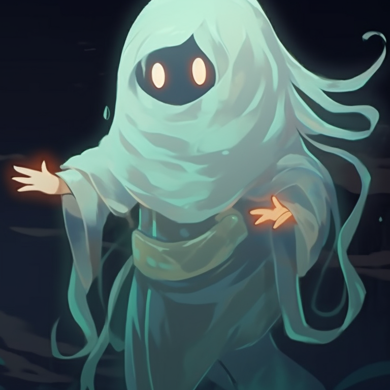 Two ghost characters, interlocking gazes through their ethereal forms, dark setting. history of ghost pfp for halloween pfp for discord.