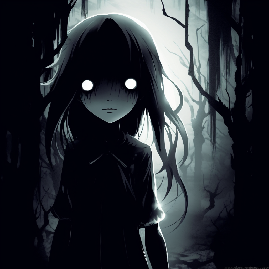 Phantasmal girl mostly enveloped in shadows, using contrast for a heightened sense of eeriness. phantasmal girl scary anime pfp pfp for discord.
