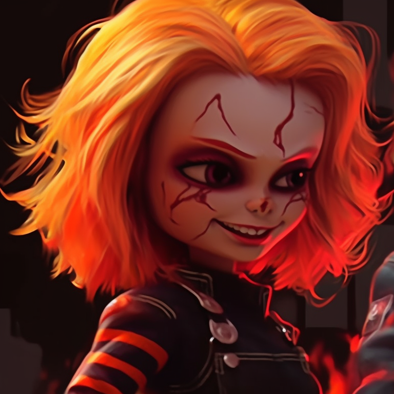Chucky and Tiffany, showcasing sinister smiles, detailed facial expressions and strong contrasting colors. halloween themed pfp with chucky and tiffany pfp for discord.