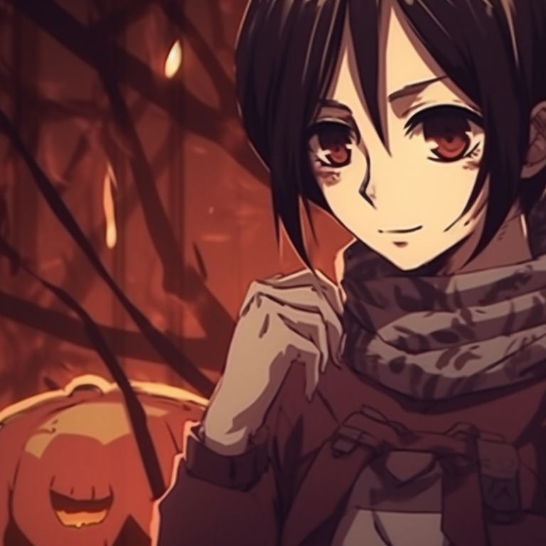 Eren and Mikasa as ghostly figures, carved pumpkin headpieces, dark tones and glowing accents. unearth eren and mikasa matching pfp halloween theme ideas pfp for discord.