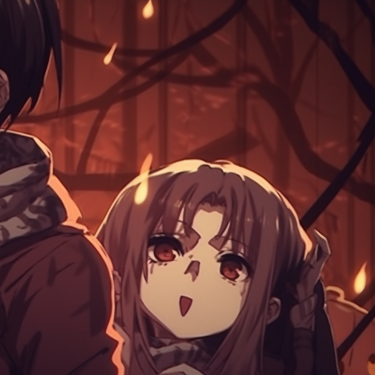 Eren and Mikasa as ghostly figures, carved pumpkin headpieces, dark tones and glowing accents. unearth eren and mikasa matching pfp halloween theme ideas pfp for discord.