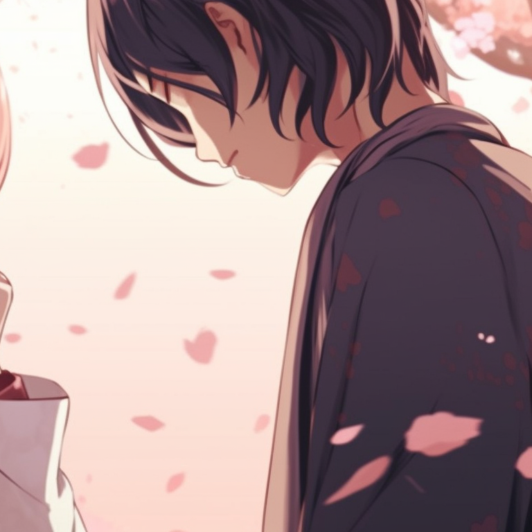 Two characters in a cityscape at dusk, neon lights with detailed reflections, back to back in mirrored poses. trending anime pfp matching designs pfp for discord.