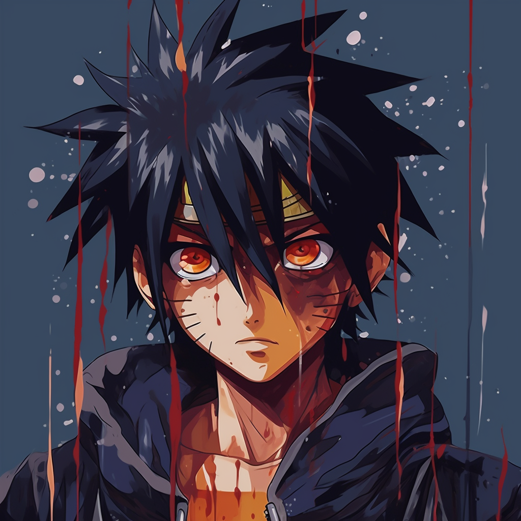 Sasuke Uchiha with activated Sharingan eye, showcasing intense detailing and contrasting hues. iconic drippy anime pfp pfp for discord.