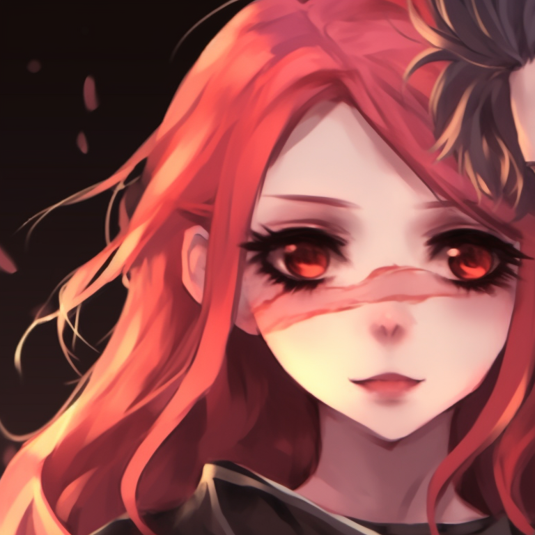 Two characters in ghoulish costumes, stark colors and rough textures, arms intertwined. top matching pfp for couples in anime halloween theme pfp for discord.