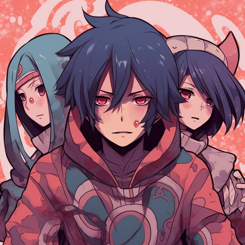 Three distinct profiles from the Uchiha Clan, featuring vibrant hues and akin expressions. anime trio matching pfp