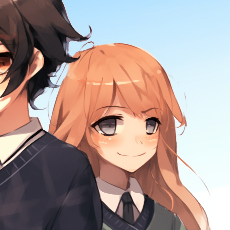 Four characters in school uniforms, pastel color palette and cheerful smiles. anime pfp matching for group chat pfp for discord.