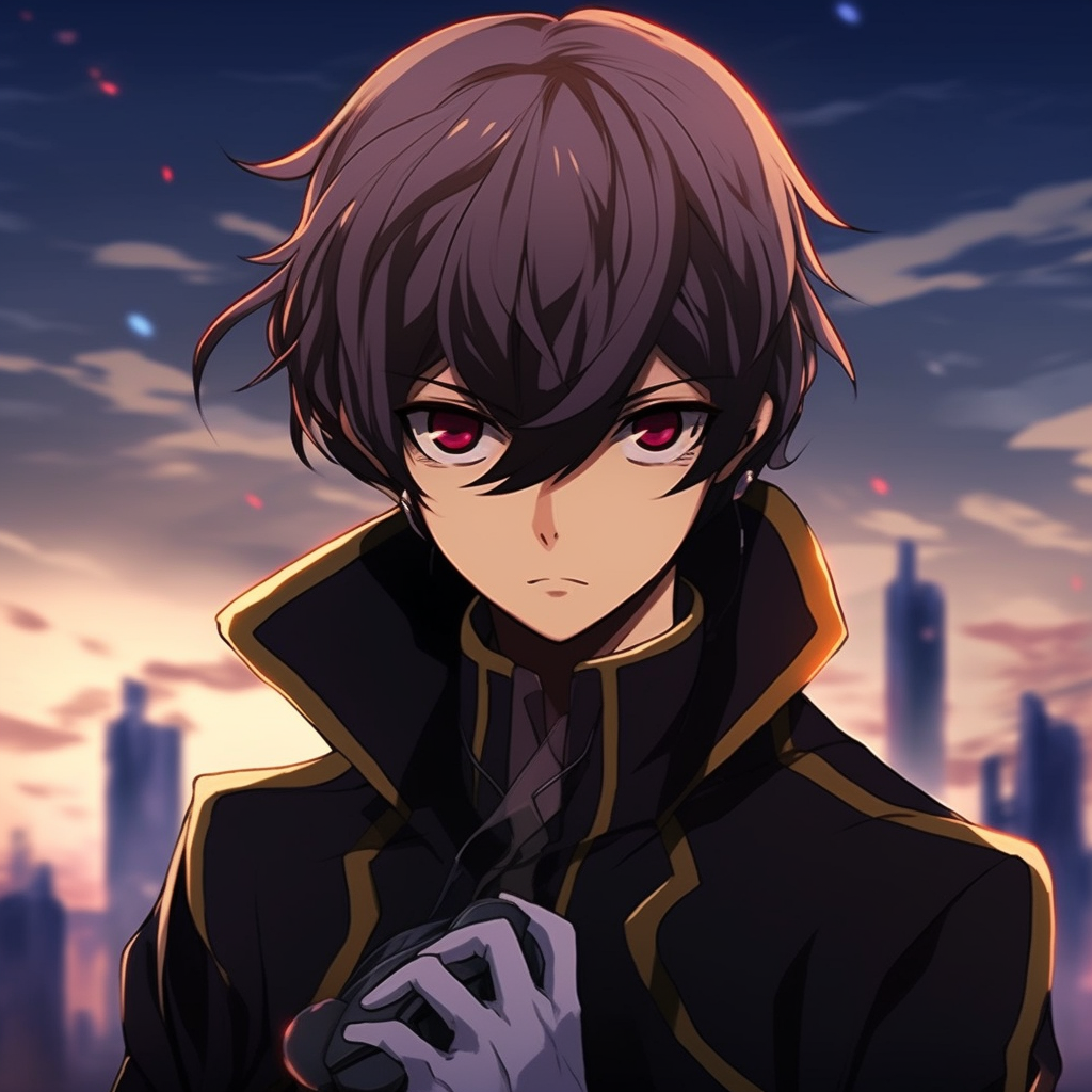 Staring Lelouch Vi Britannia, high contrast and deep colors. exceptional anime pfp pfp for discord.