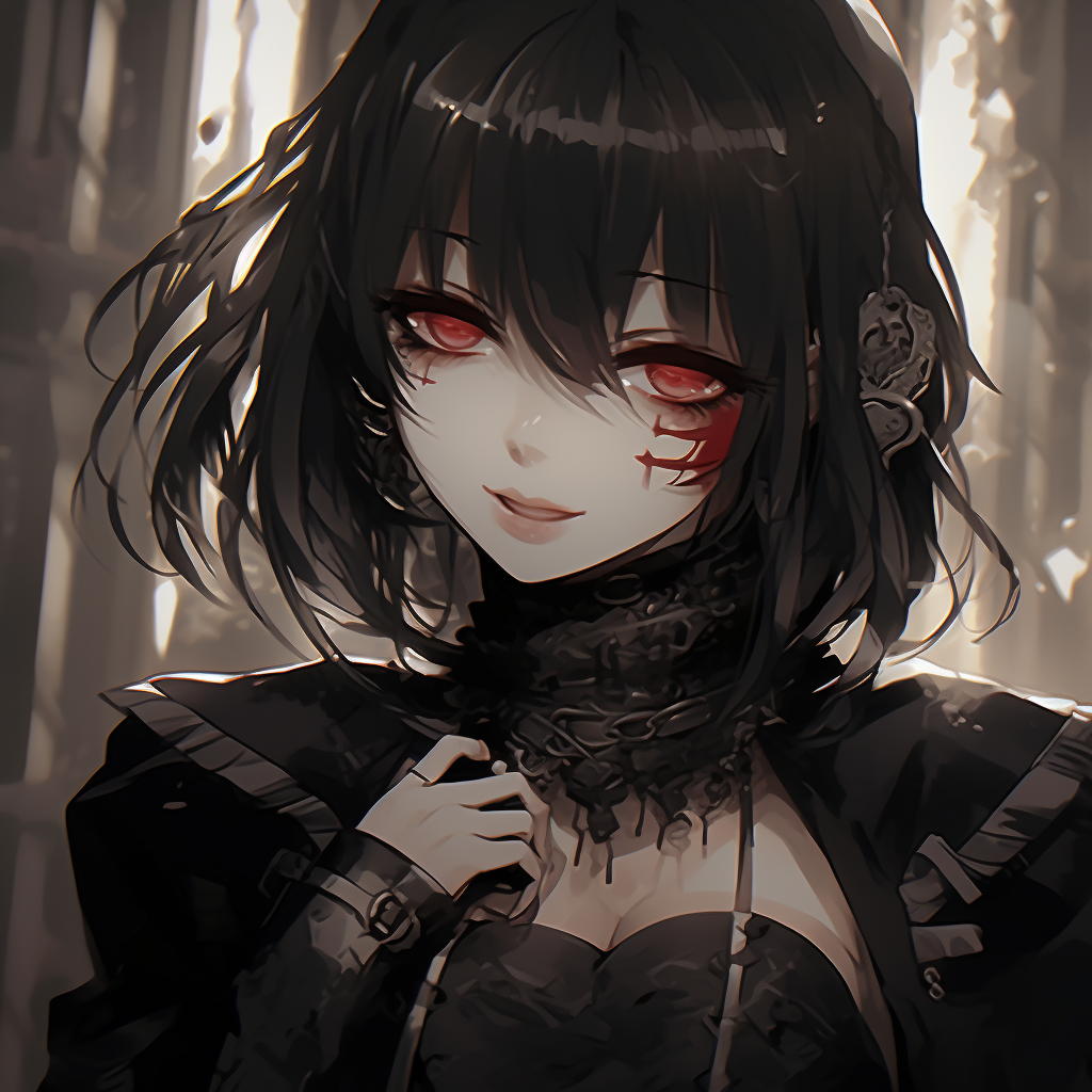 Goth anime girl concealed by shadows, using a mixture of dark and light tones to create a mysterious atmosphere. goth anime girl visuals pfp for discord.