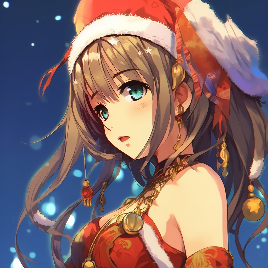 Anime girl in elegant Christmas gown, distinctively detailed with dramatic folds and vibrant colors. anime girl characters