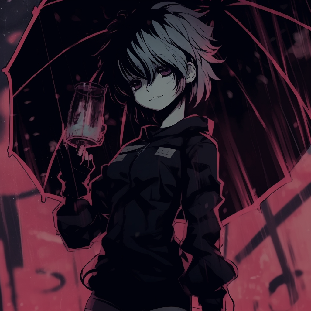 Full-body shot of an emo anime girl holding a umbrella, dark colors with high contrasts. cute emo pfp anime gallery