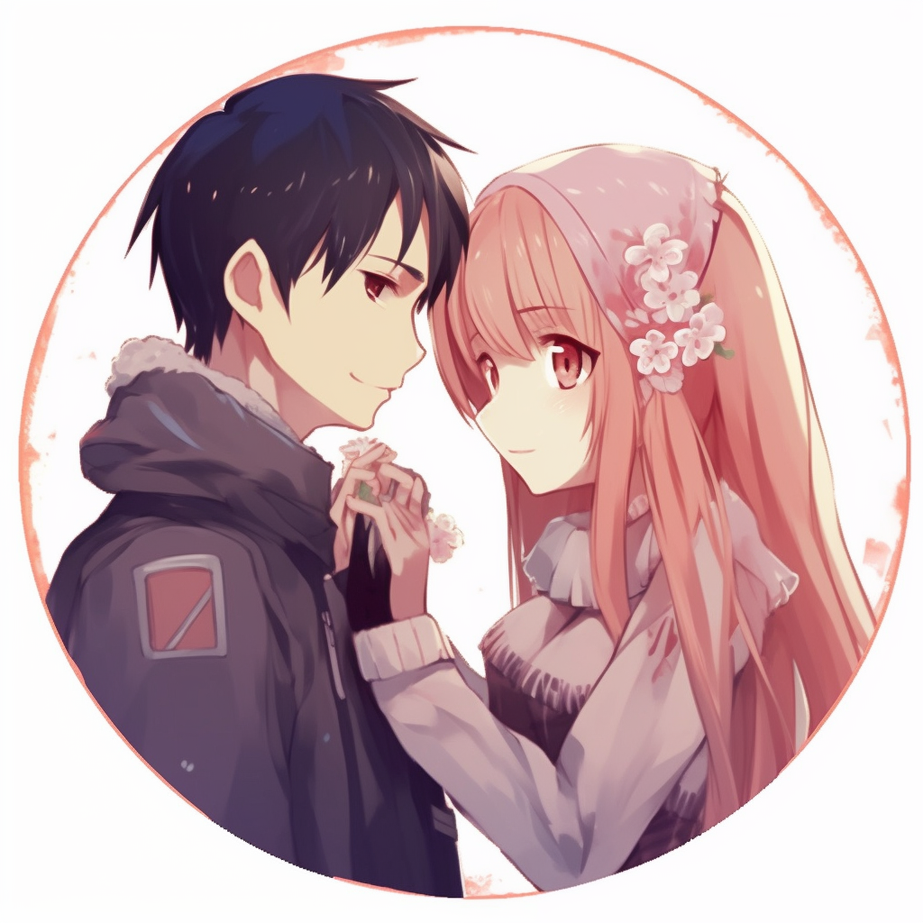 Close-up of Kirito with Asuna, focus on character details and pastel tones best duo: matching anime pfp for girl and boy couples