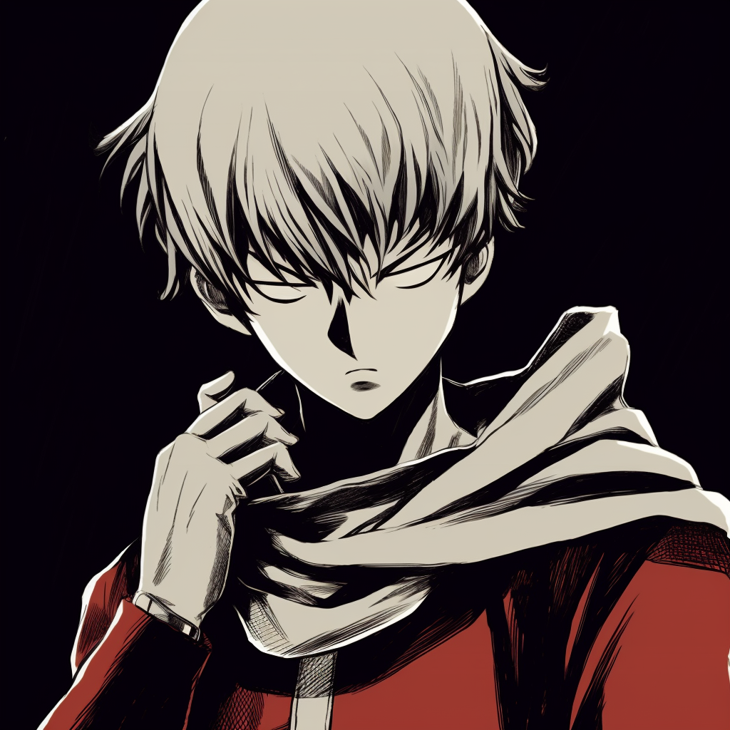 Focused face of Saitama, detail on his expression and bald head. anime manga pfp for boys