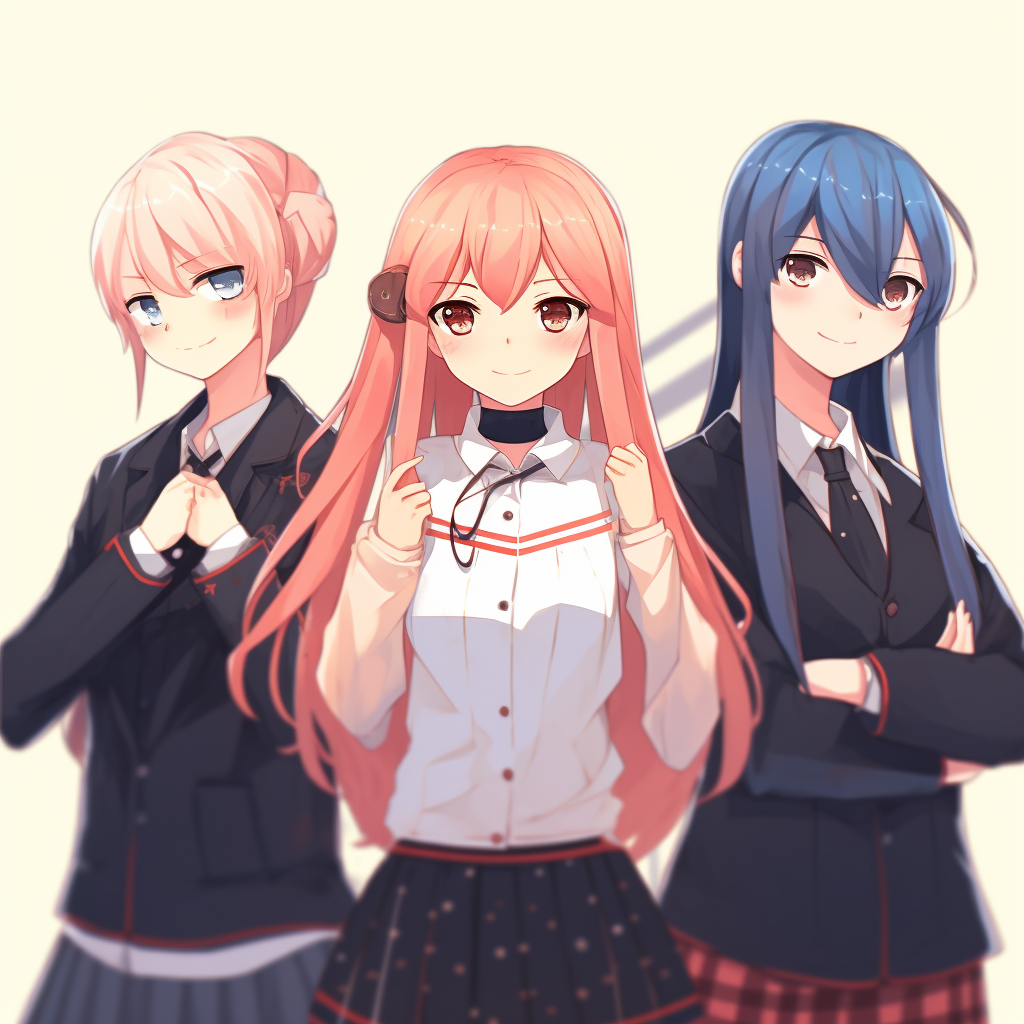 Trio of anime girls in school uniform, clear lines and consistent design. anime pfp girl trio pfp for discord.