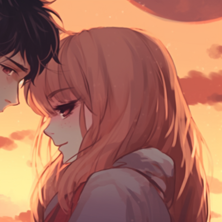 Two characters against a sunset backdrop, warm tones and subtle shading. inspiring matching pfp for dedicated couples pfp for discord.