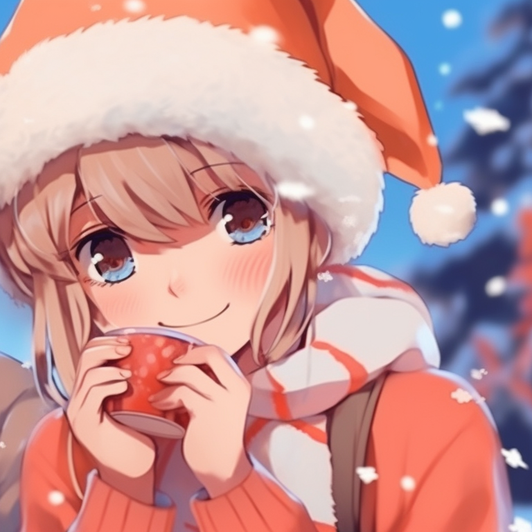 Characters sharing a Christmas scarf, gentle shading, and rosy color palette. stylish preppy christmas pfp matches pfp for discord.