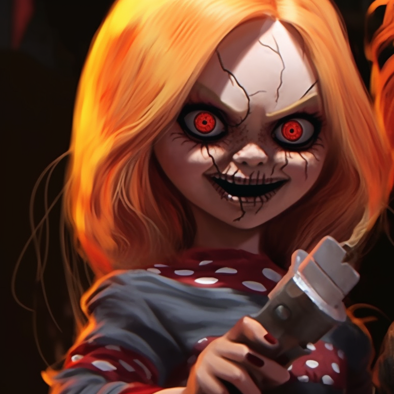 Chucky and Tiffany in a balanced composition, matching menacing expressions, and Halloween themed decor. halloween themed pfp with chucky and tiffany pfp for discord.