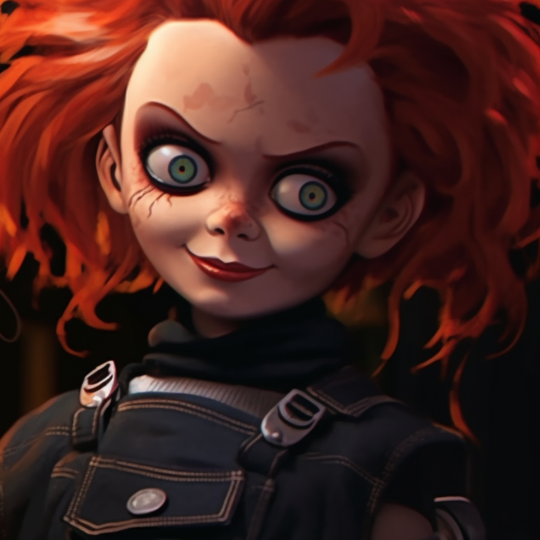 Chucky and Tiffany in a balanced composition, matching menacing expressions, and Halloween themed decor. halloween themed pfp with chucky and tiffany pfp for discord.