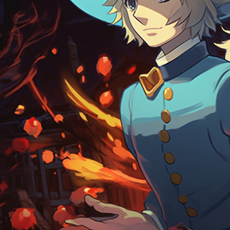 Close-up of Howl and Sophie, dressed as sorcerers, subtle highlights and detailed costumes. unseen howl's moving castle halloween themed matching pfp pfp for discord.