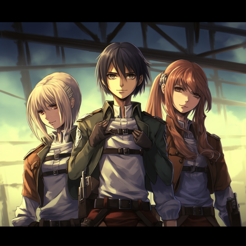 The main trio of Attack on Titan, intricate detailing on their titan forms and fierce expressions. anime trio matching pfp pfp for discord.