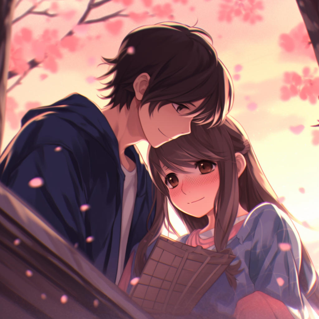 Anime couple sharing a moment under cherry blossom tree, bright and softer tones. adorable anime couple pfp