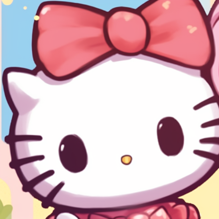 Two characters, radiant with twinkling stars and bright expressions, soft colors dominating the composition. cute hello kitty pfp matching pfp for discord.