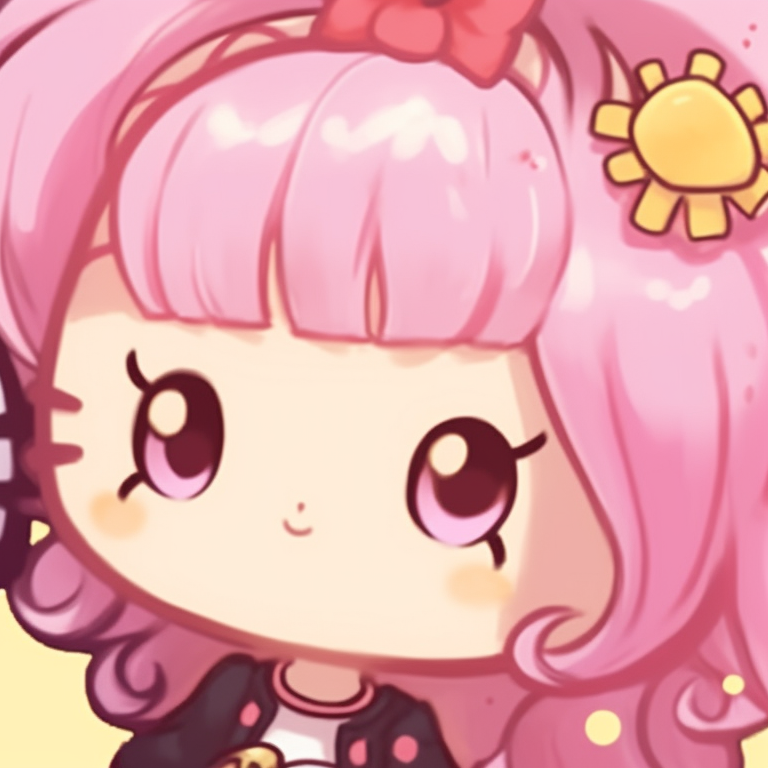 Two characters, radiant with twinkling stars and bright expressions, soft colors dominating the composition. cute hello kitty pfp matching pfp for discord.