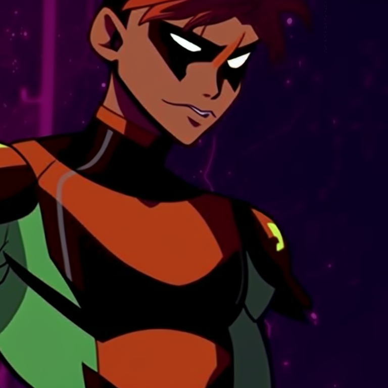 Robin and Starfire in a calm pose, cool color palette and soft lines. teen titans robin and starfire matching pfp pfp for discord.