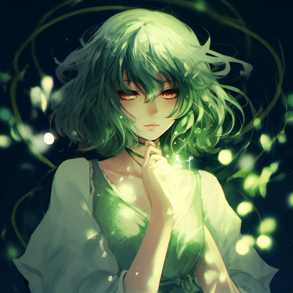 A soft-focus depiction of a fairytale anime character with layered green attire and ethereal aura. animated green anime pfp artwork