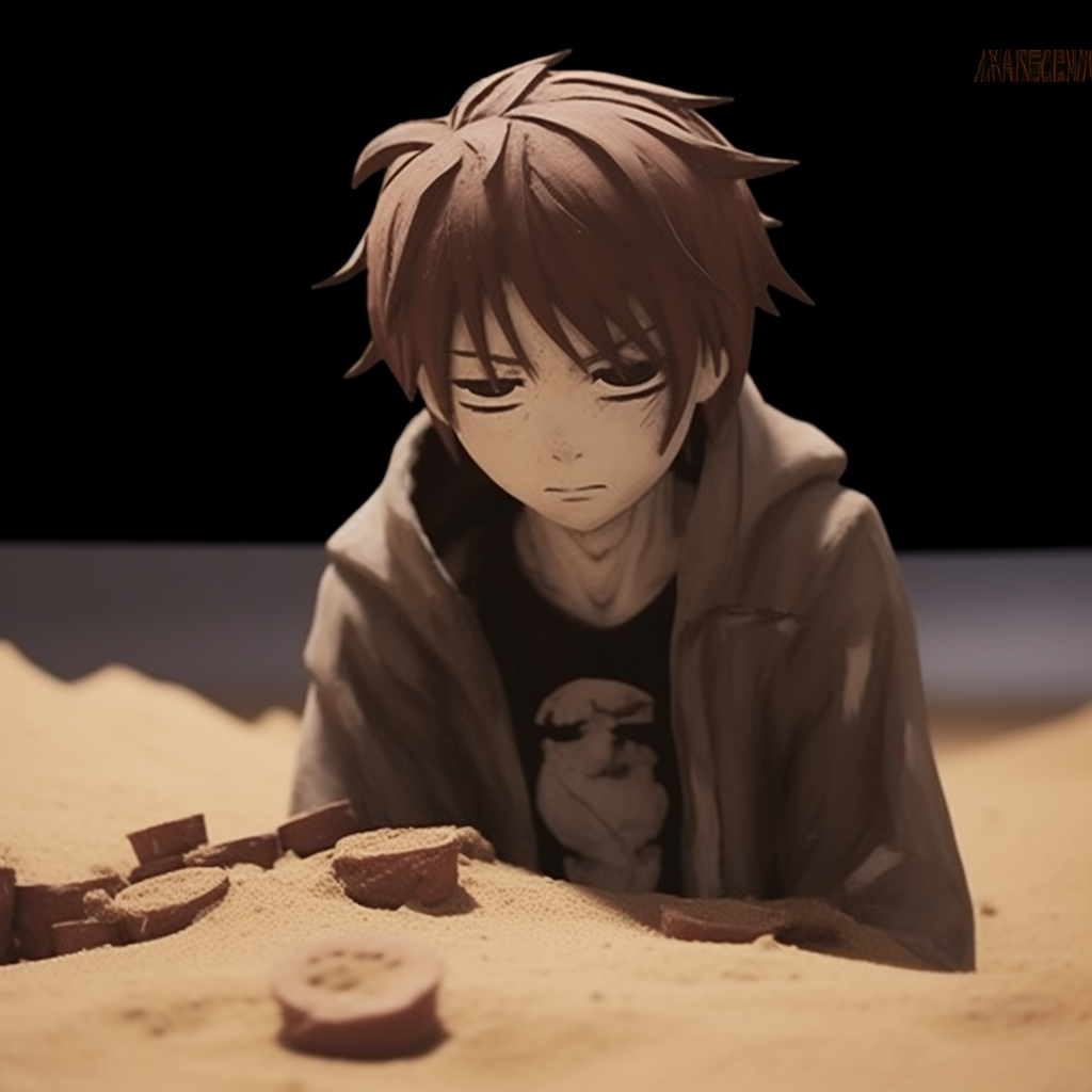 A distant looking Gaara, his face bears a sad expression, sand art style with warm desert tones. popular depressed anime characters pfp pfp for discord.