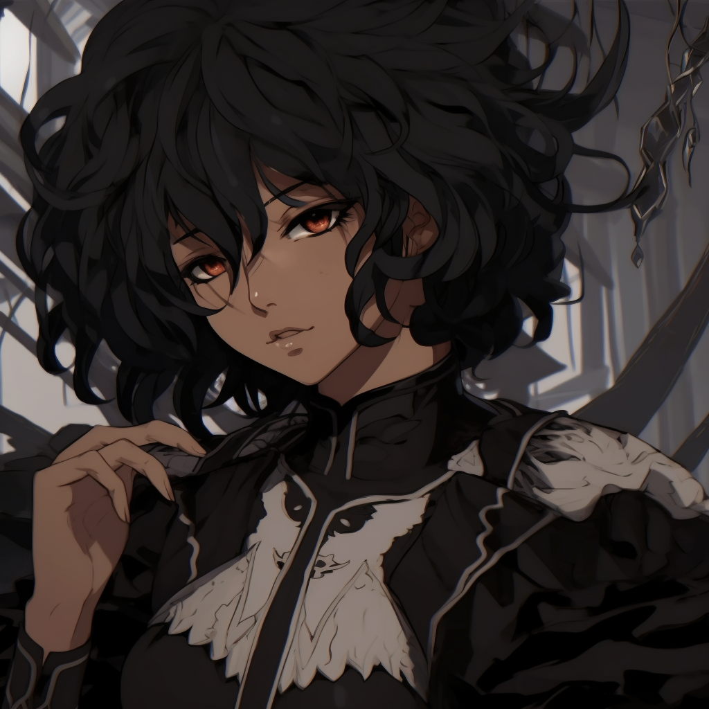 An elegant maiden dressed in a black outfit, accented with intricate patterns and intricate lines. elegant black pfp anime pfp for discord.