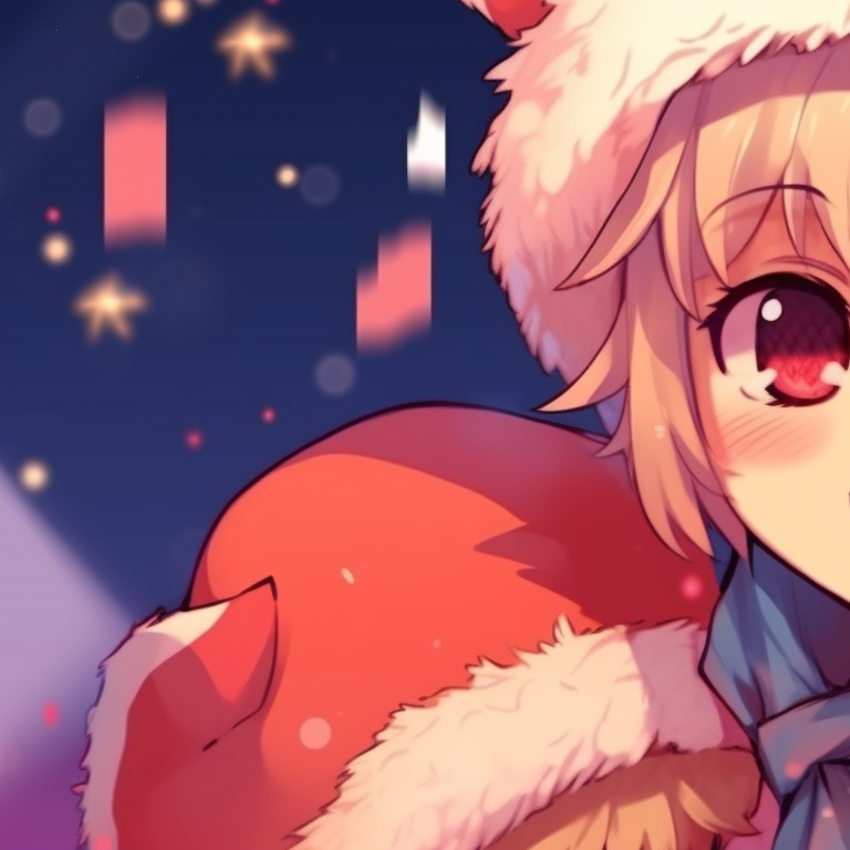 Two catboy characters cuddling, festive attire and warm color palette conveying a cosy atmosphere. catboy inspired matching christmas pfp pfp for discord.